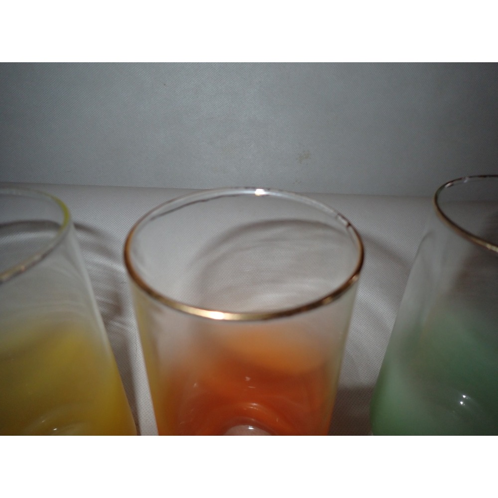 Vintage Frosted Ombre Glass Pitcher and 4 Tumbler Set Gold Rim Multi Color 5pc - Picture 14 of 15